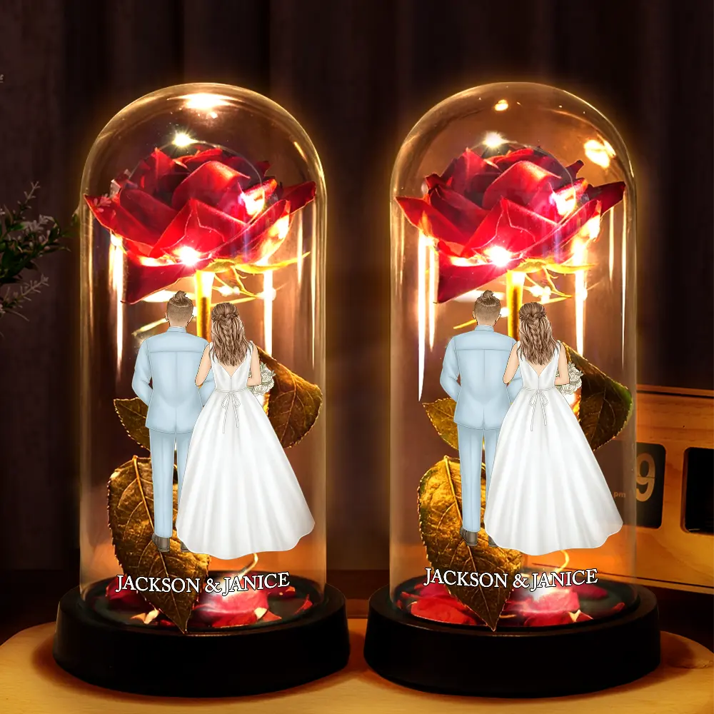 Lighted Eternal Rose Dome with Glowing Red Rose and Couple Back View, Sweet Romantic Decor, Unique Gift for Wife or Husband - Image 3