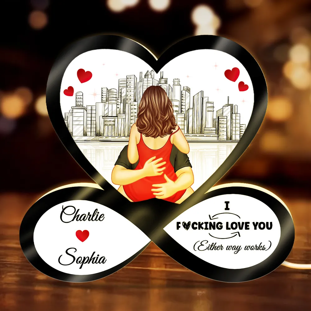 Funny Romantic Couple Acrylic Light Box, Personalized Infinity Heart Skyline Design - Warm Glow Keepsake Gift for Couples - Image 2