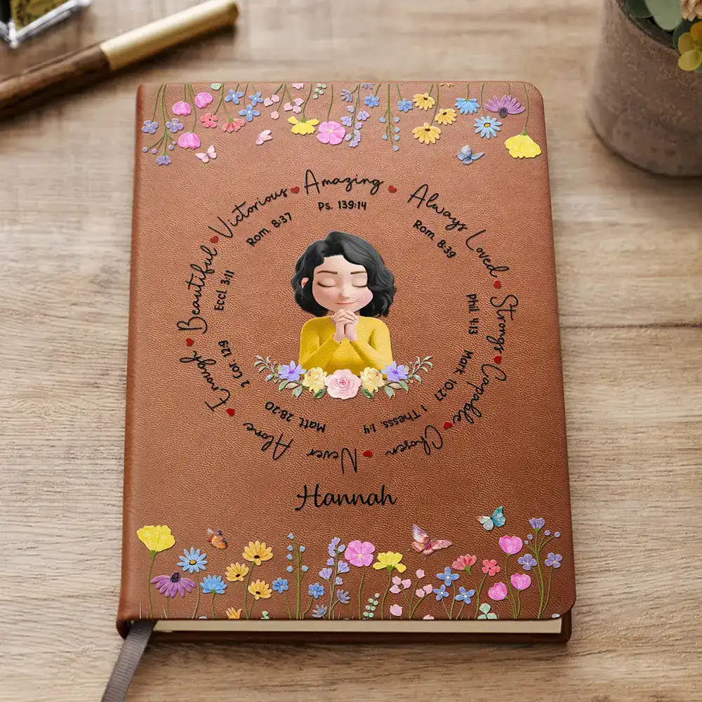 Personalized Leather Journal with Praying Girl and Floral Border, Unique Encouraging Gift for Her Daily Reflection - Image 5