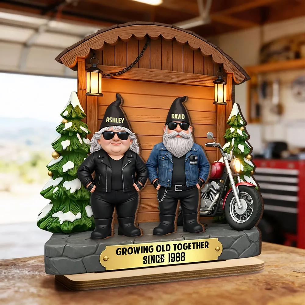 Personalized 2-Layer Wooden Plaque, Biker Couple by Motorcycle Cabin Scene, Unique Anniversary Gift for Him or Her - Image 2