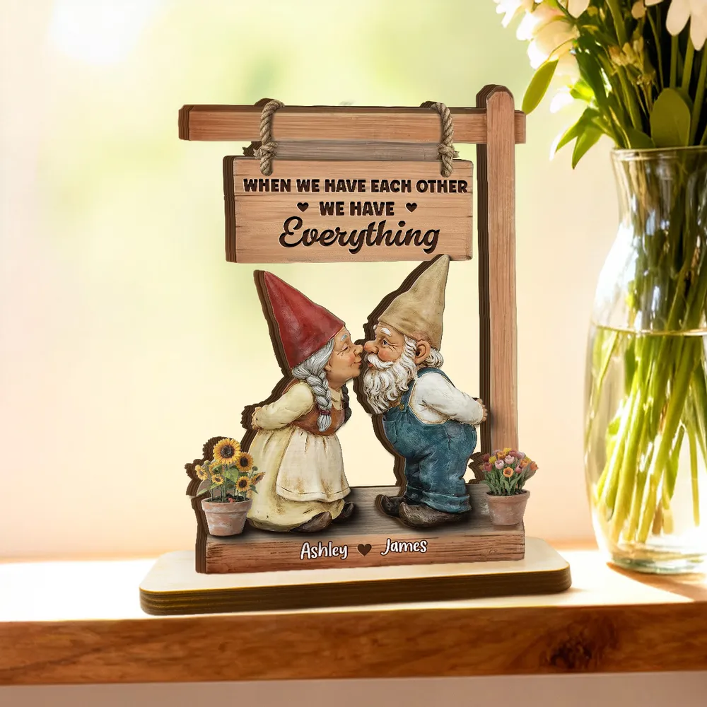2-Layer Wooden Plaque with Kissing Gnomes and 'We Have Everything' Quote, Personalized Keepsake, Sweet Gift for Couples - Image 3