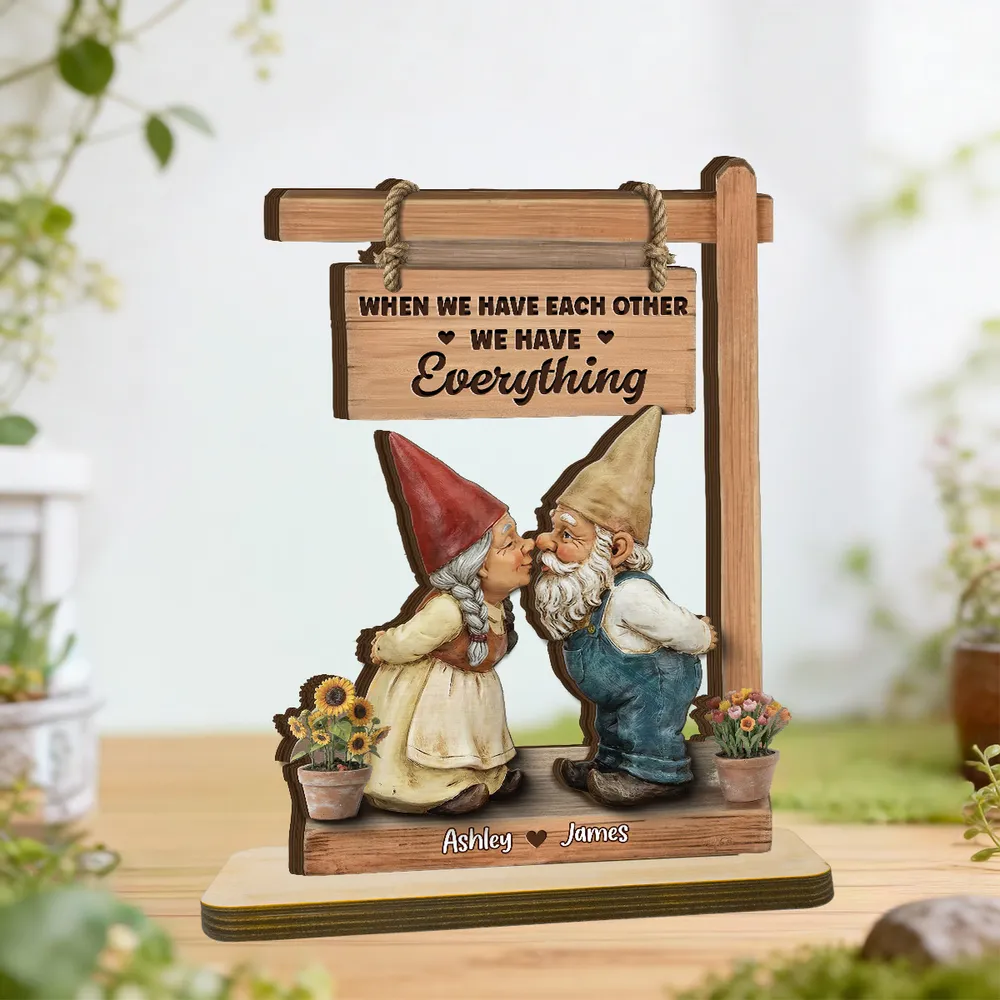 2-Layer Wooden Plaque with Kissing Gnomes and 'We Have Everything' Quote, Personalized Keepsake, Sweet Gift for Couples - Image 4