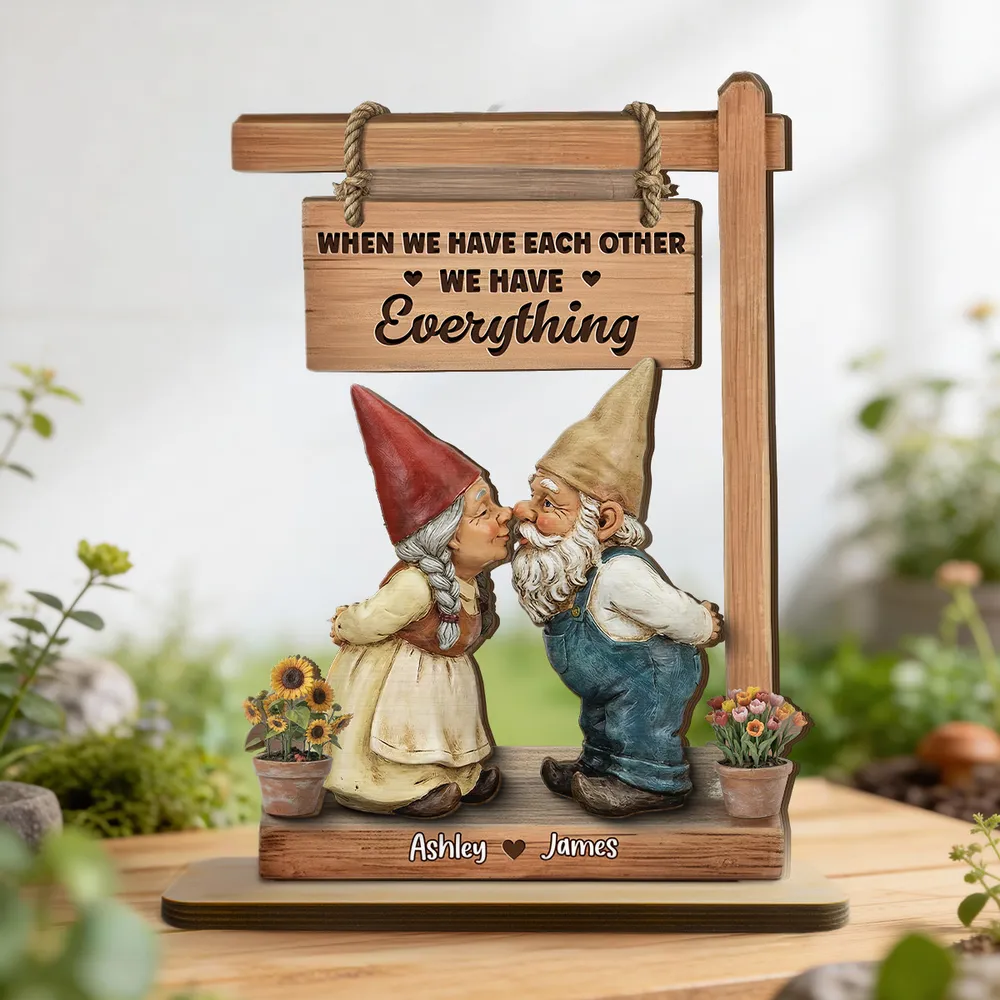 2-Layer Wooden Plaque with Kissing Gnomes and 'We Have Everything' Quote, Personalized Keepsake, Sweet Gift for Couples - Image 5