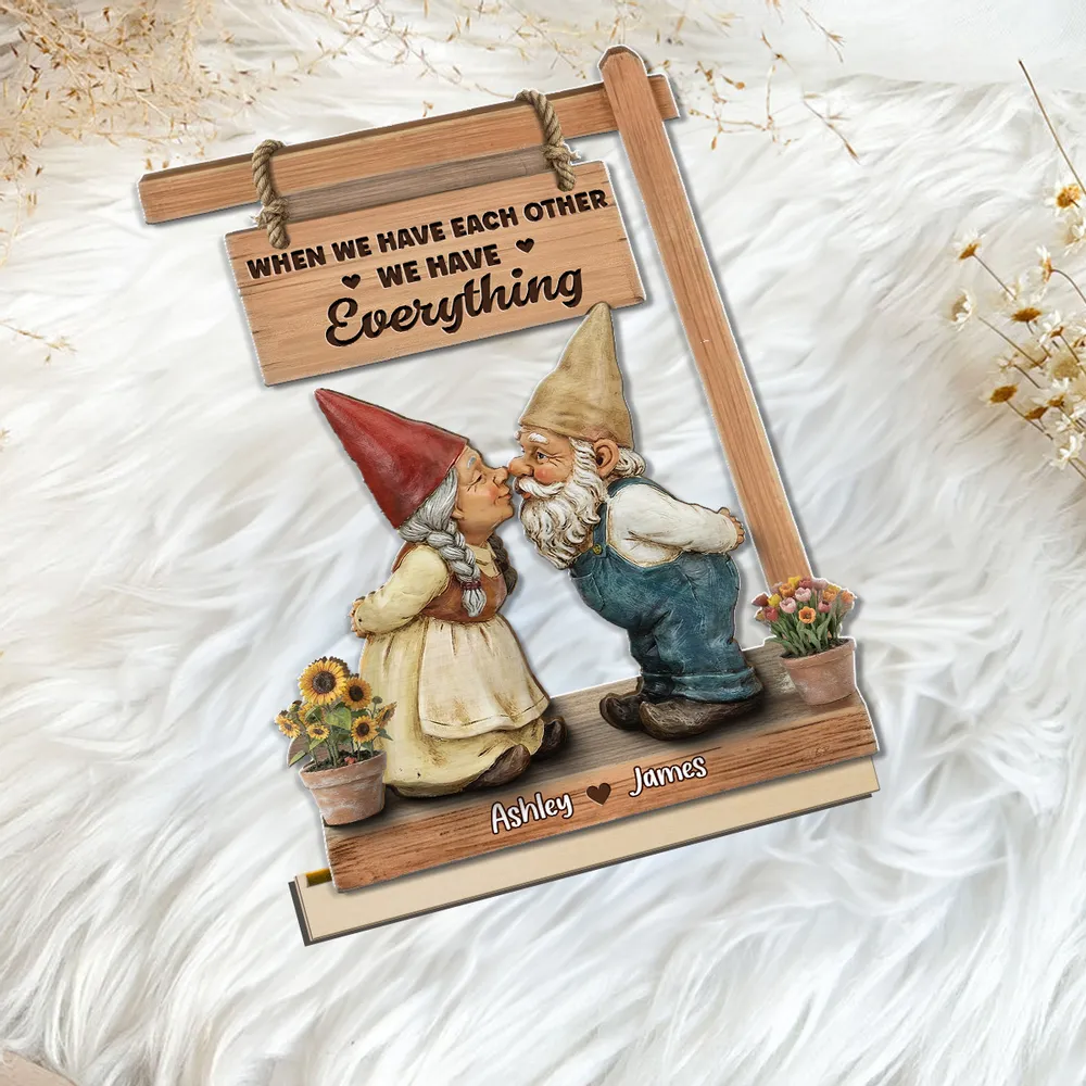 2-Layer Wooden Plaque with Kissing Gnomes and 'We Have Everything' Quote, Personalized Keepsake, Sweet Gift for Couples - Image 7