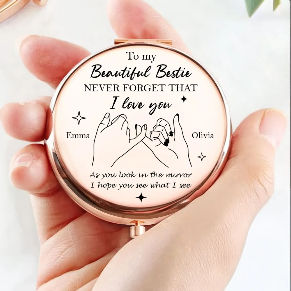 Metal Compact Mirror With Bestie Love Quote And Pinky Promise Drawing, Thoughtful Personalized Gift For Friends - Image 2