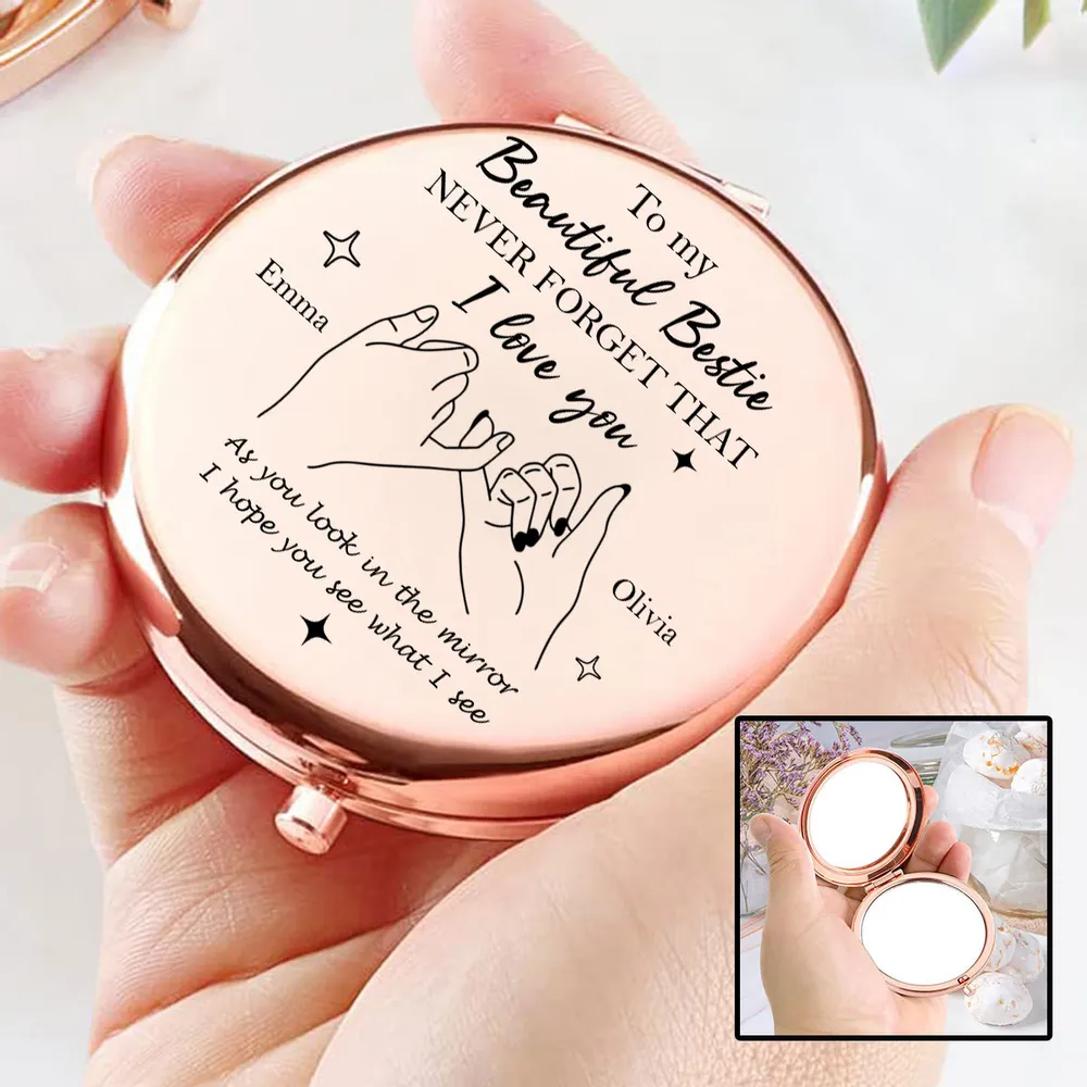 Metal Compact Mirror With Bestie Love Quote And Pinky Promise Drawing, Thoughtful Personalized Gift For Friends - Image 5
