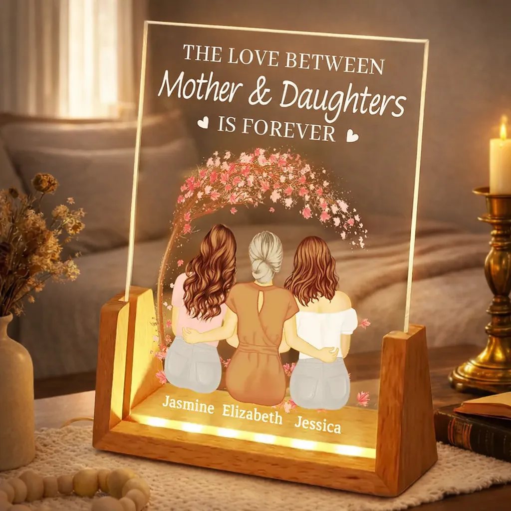 LED Light Frame with Mother & Daughters Illustration, Personalized Soft Glow Keepsake for Cozy Night Use, Thoughtful Gift