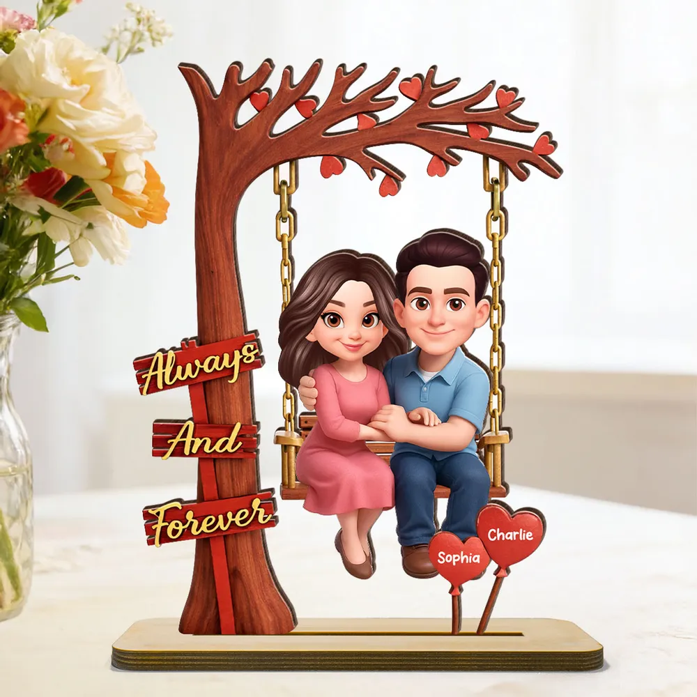 Personalized 2-Layer Wooden Plaque Couple on Swing Under Heart Tree, Always And Forever Romantic Unique Gift for Her or Him - Image 4