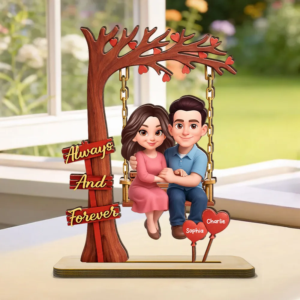 Personalized 2-Layer Wooden Plaque Couple on Swing Under Heart Tree, Always And Forever Romantic Unique Gift for Her or Him - Image 5