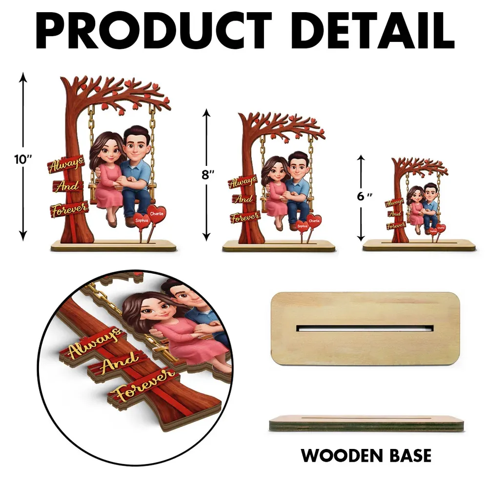 Personalized 2-Layer Wooden Plaque Couple on Swing Under Heart Tree, Always And Forever Romantic Unique Gift for Her or Him - Image 6