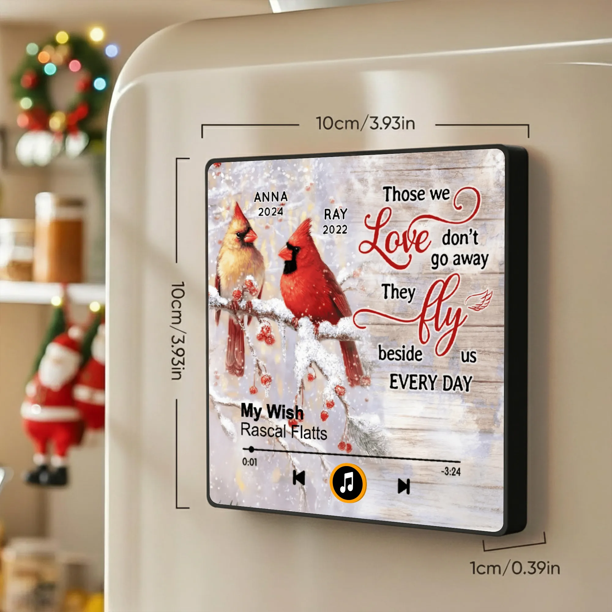Personalized Cardinal Memorial Acrylic Music Magnet for Fridge Decor, Rustic Winter Look, Unique Sympathy Gift - Image 2
