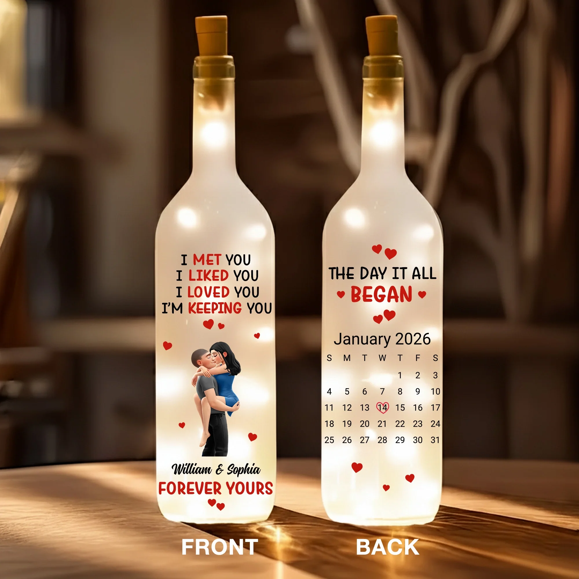 Personalized Bottle Lamp With Love Quote And Calendar Date, Cozy Warm Glow Bedroom Accent, Unique Gift For Couple