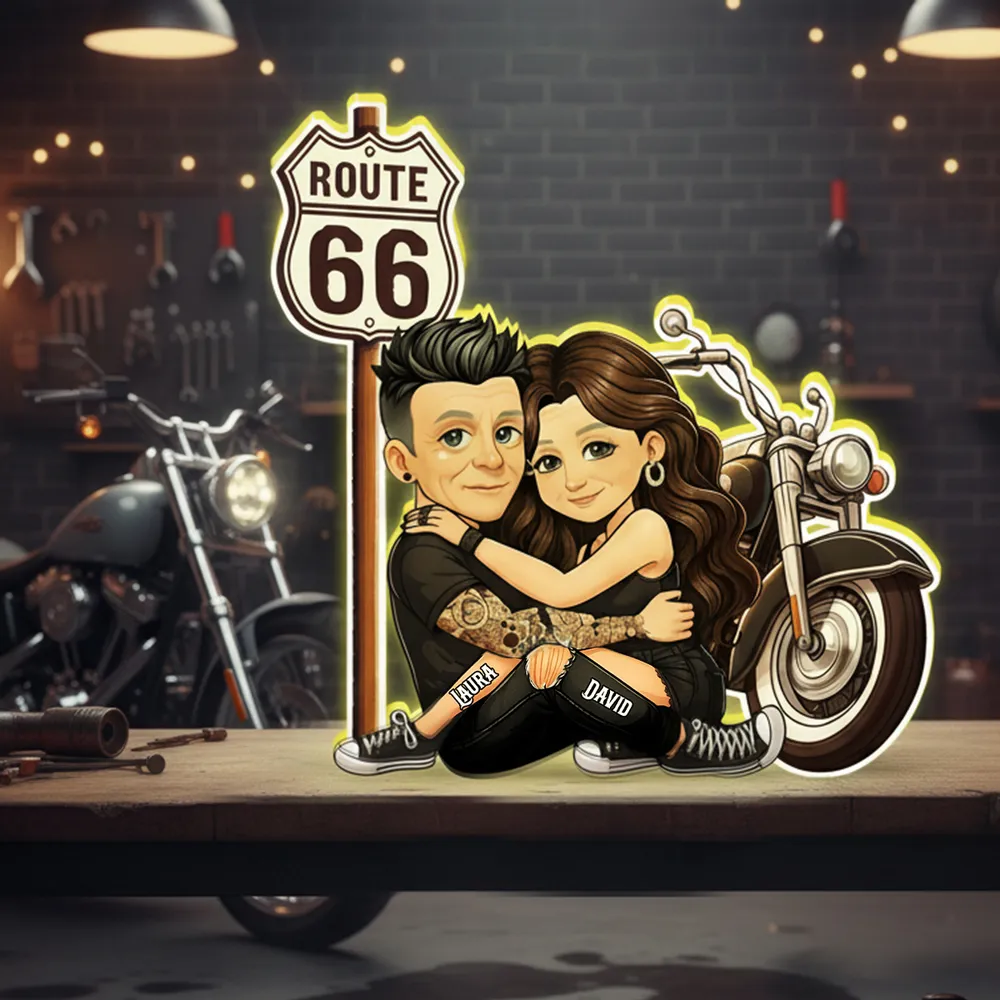 Personalized Route 66 Biker Couple Acrylic Light Box for Bedroom or Shelf Decor, Warm Glow Unique Gift for Him or Her