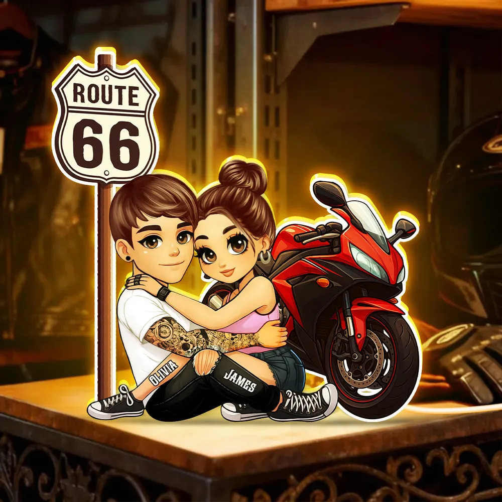 Personalized Route 66 Biker Couple Acrylic Light Box for Bedroom or Shelf Decor, Warm Glow Unique Gift for Him or Her - Image 2