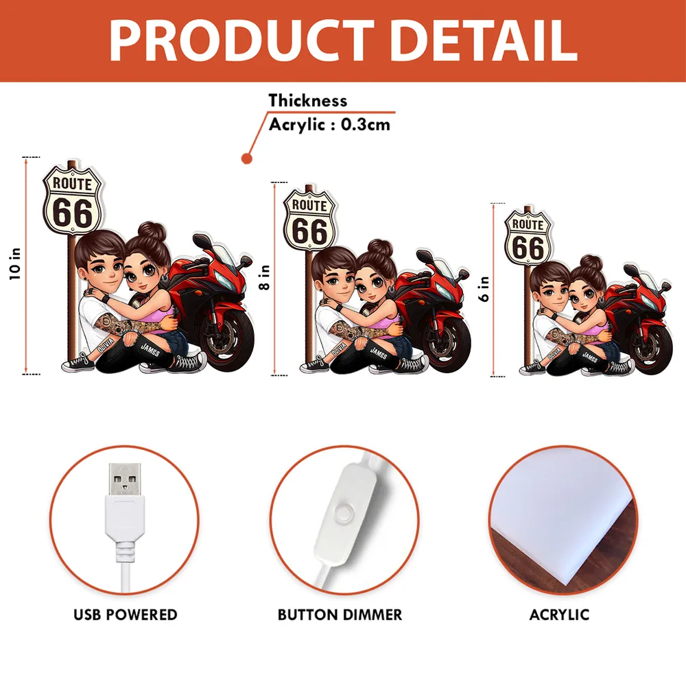 Personalized Route 66 Biker Couple Acrylic Light Box for Bedroom or Shelf Decor, Warm Glow Unique Gift for Him or Her - Image 4