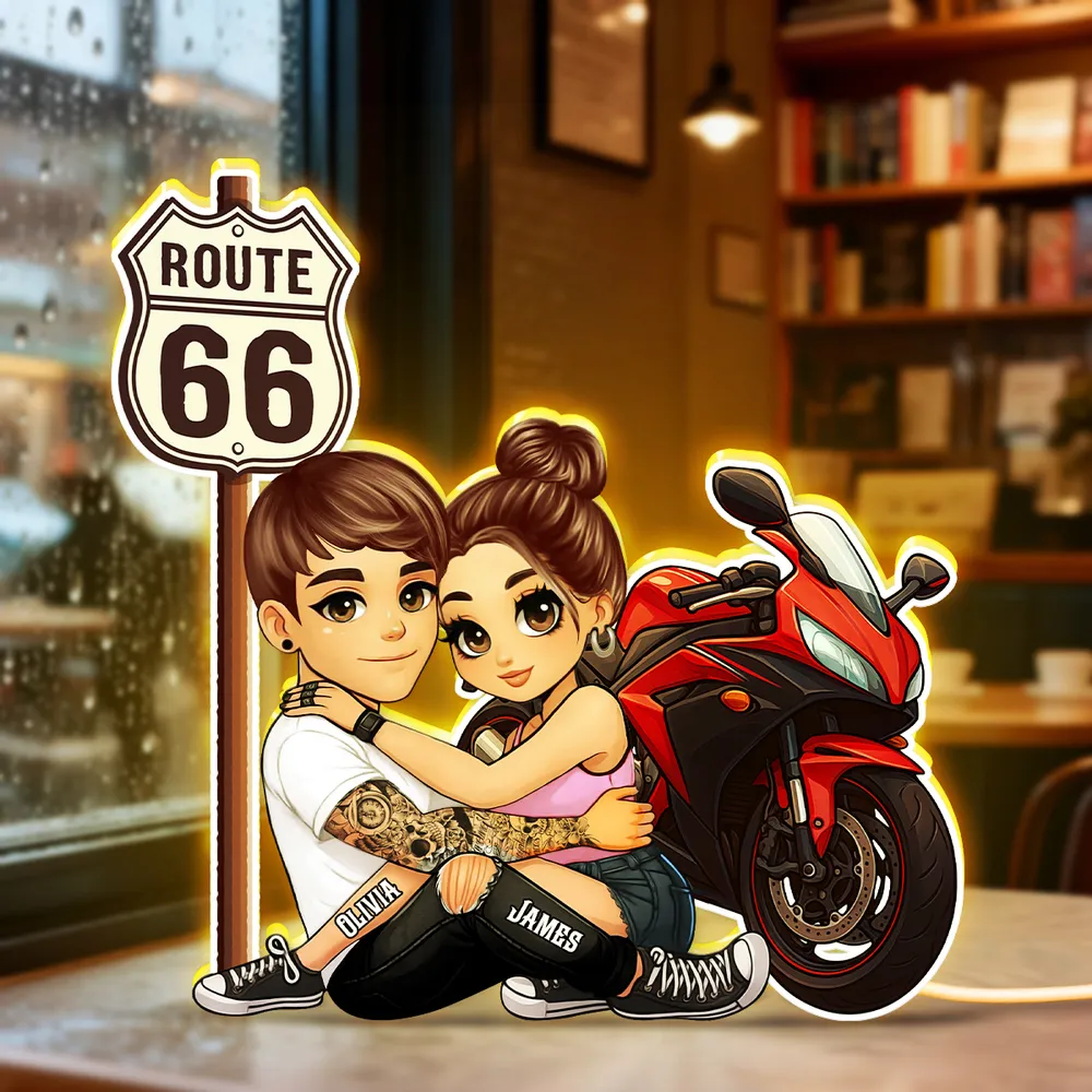 Personalized Route 66 Biker Couple Acrylic Light Box for Bedroom or Shelf Decor, Warm Glow Unique Gift for Him or Her - Image 5