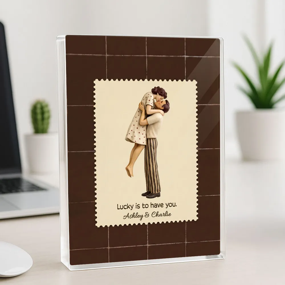 Lucky Is To Have You Rectangle Acrylic Block Plaque, Mid-Century Kiss Couple Desk Decor, Unique Valentine's Day Gift - Image 6