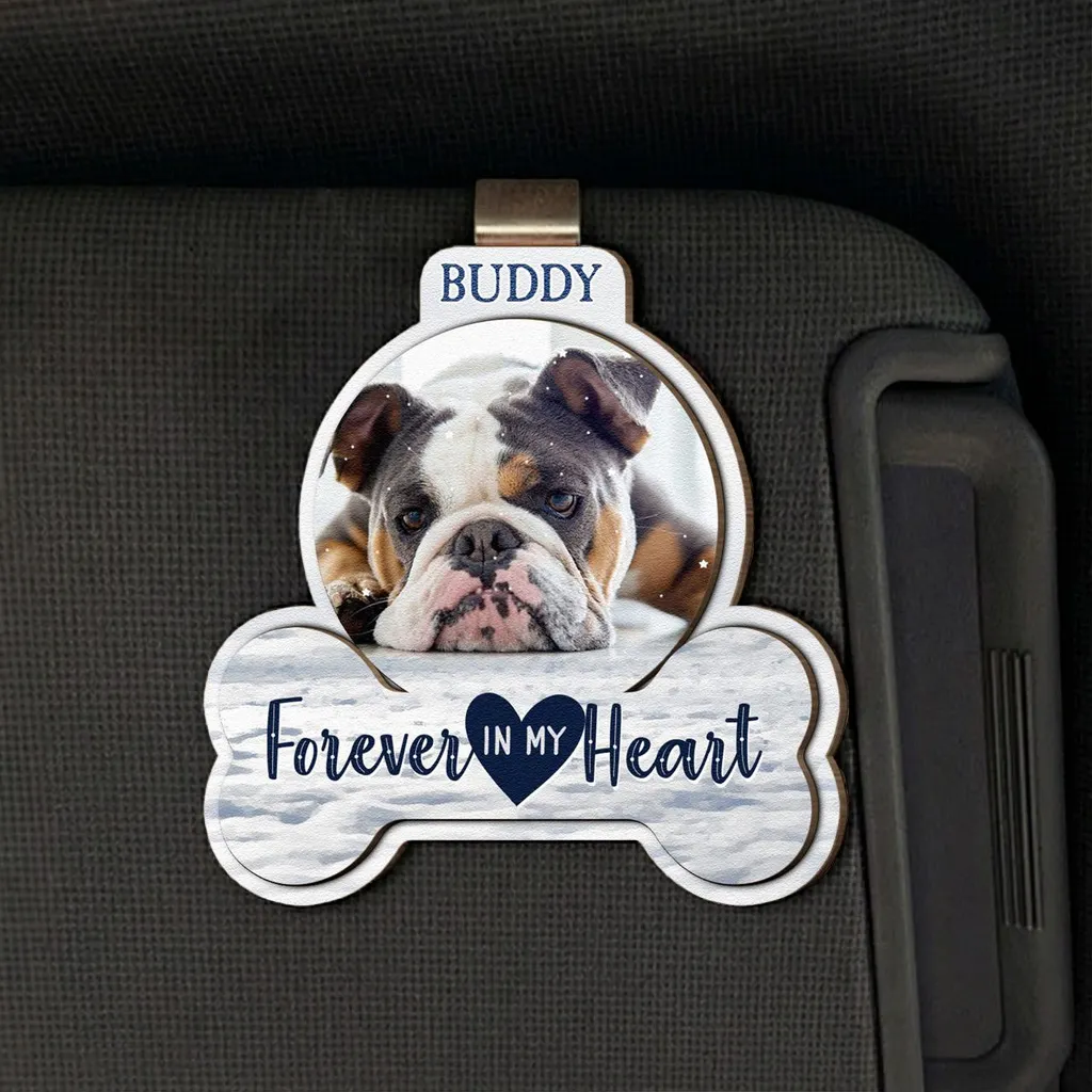 Forever In My Heart 2-Layer Wooden Car Visor Clip with Custom Pet Photo, Sweet Memorial Gift to Keep Them Close