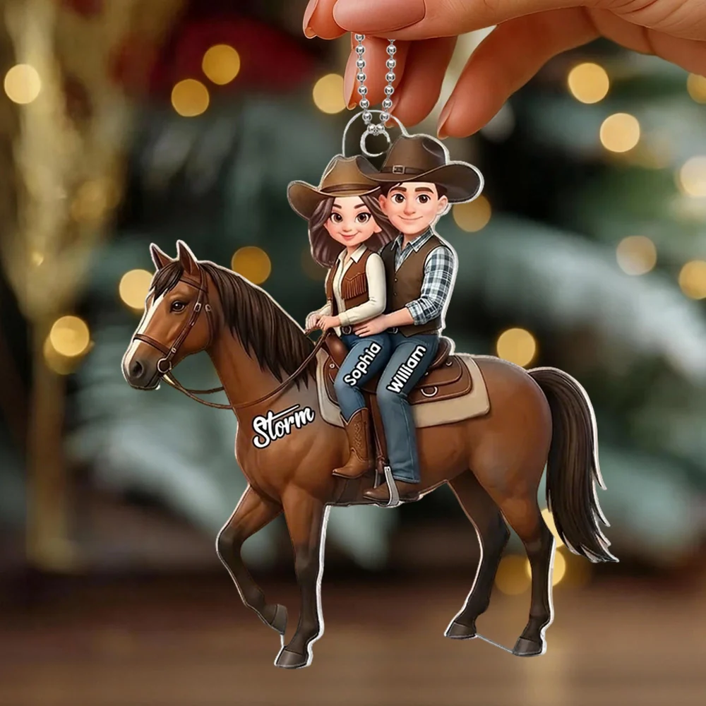 Personalized Acrylic Car Hanger Cute Cartoon Couple Riding a Horse, Unique Car Mirror Decor Gift for Horse Lovers - Image 3