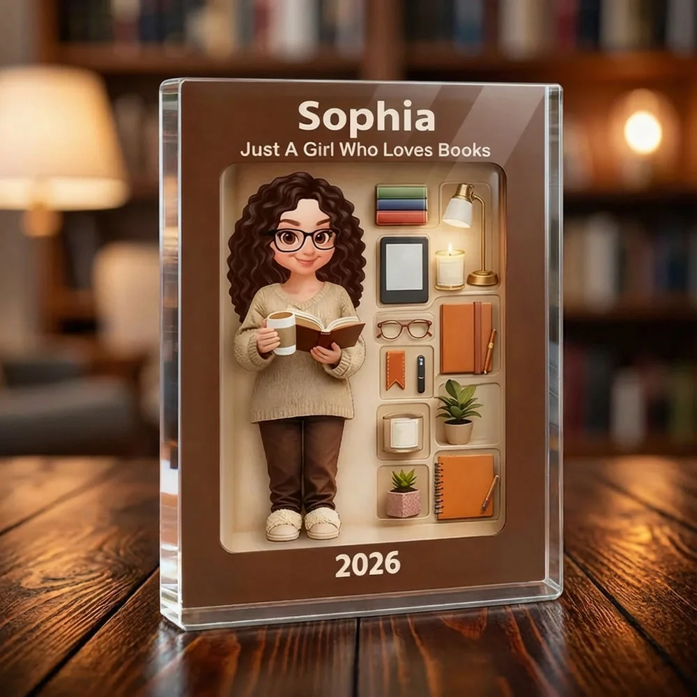 Personalized Rectangle Acrylic Block Plaque Book Lover Character Desk Decor, Cozy Reading Nook Style, Unique Gift for Readers