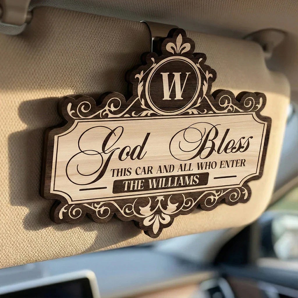 Personalized Wooden Car Visor Clip God Bless This Car Sign, Elegant Script Car Decor, Unique Gift for Family - Image 2