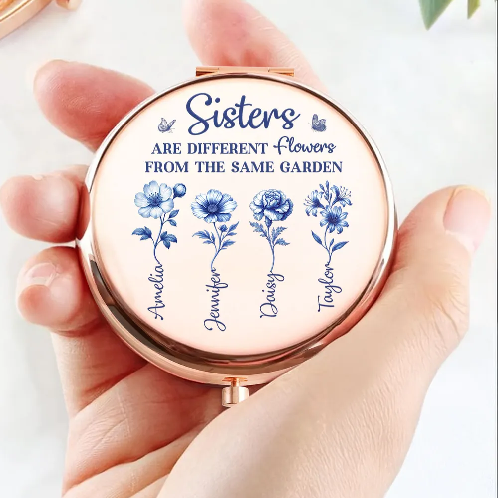 Personalized Metal Compact Mirror Sisters Are Different Flowers Gift, Blue Floral Quote, Unique Sister Gift - Image 2