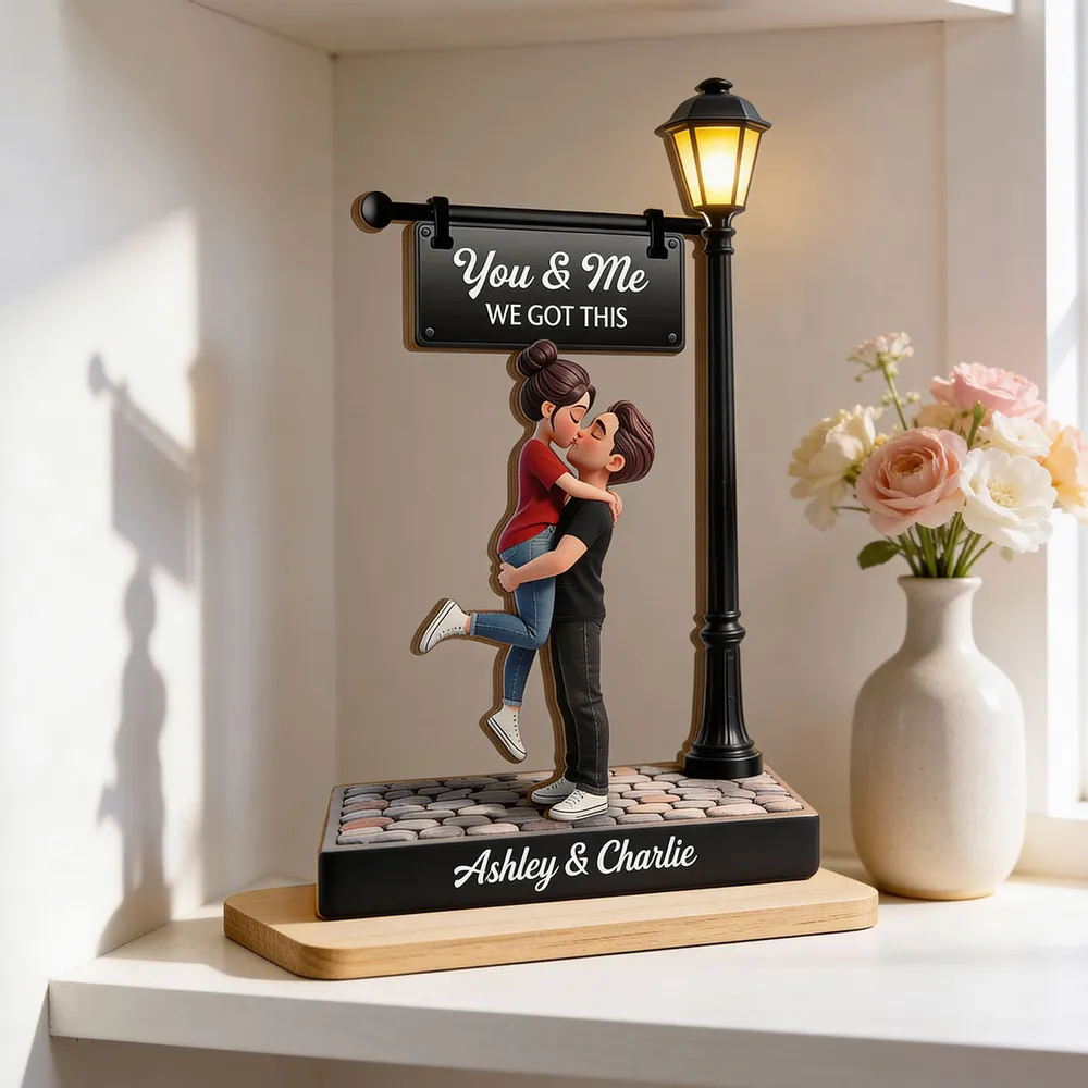 Personalized 2-Layer Wooden Plaque Couple Kissing Under Street Lamp You & Me We Got This Unique Gift For Him Or Her - Image 2