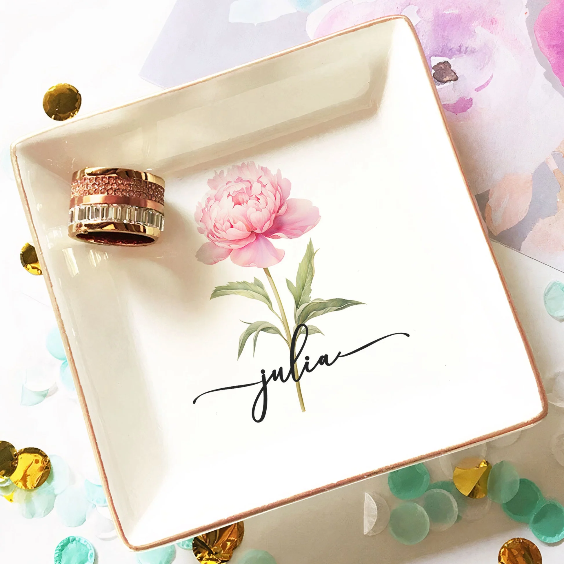 Personalized Birth Flower Jewelry Dish, Vanity Decor Keepsake Tray, Unique Gift For Her - Image 2