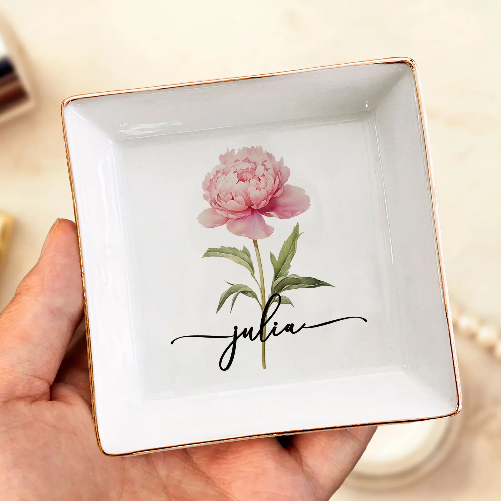 Personalized Birth Flower Jewelry Dish, Vanity Decor Keepsake Tray, Unique Gift For Her - Image 3