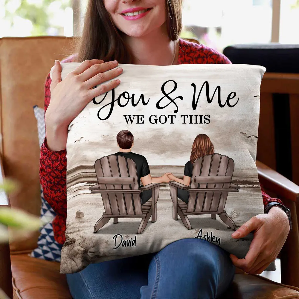 Retro Vintage Back View Couple Sitting Beach Landscape Personalized Pillow - Image 6