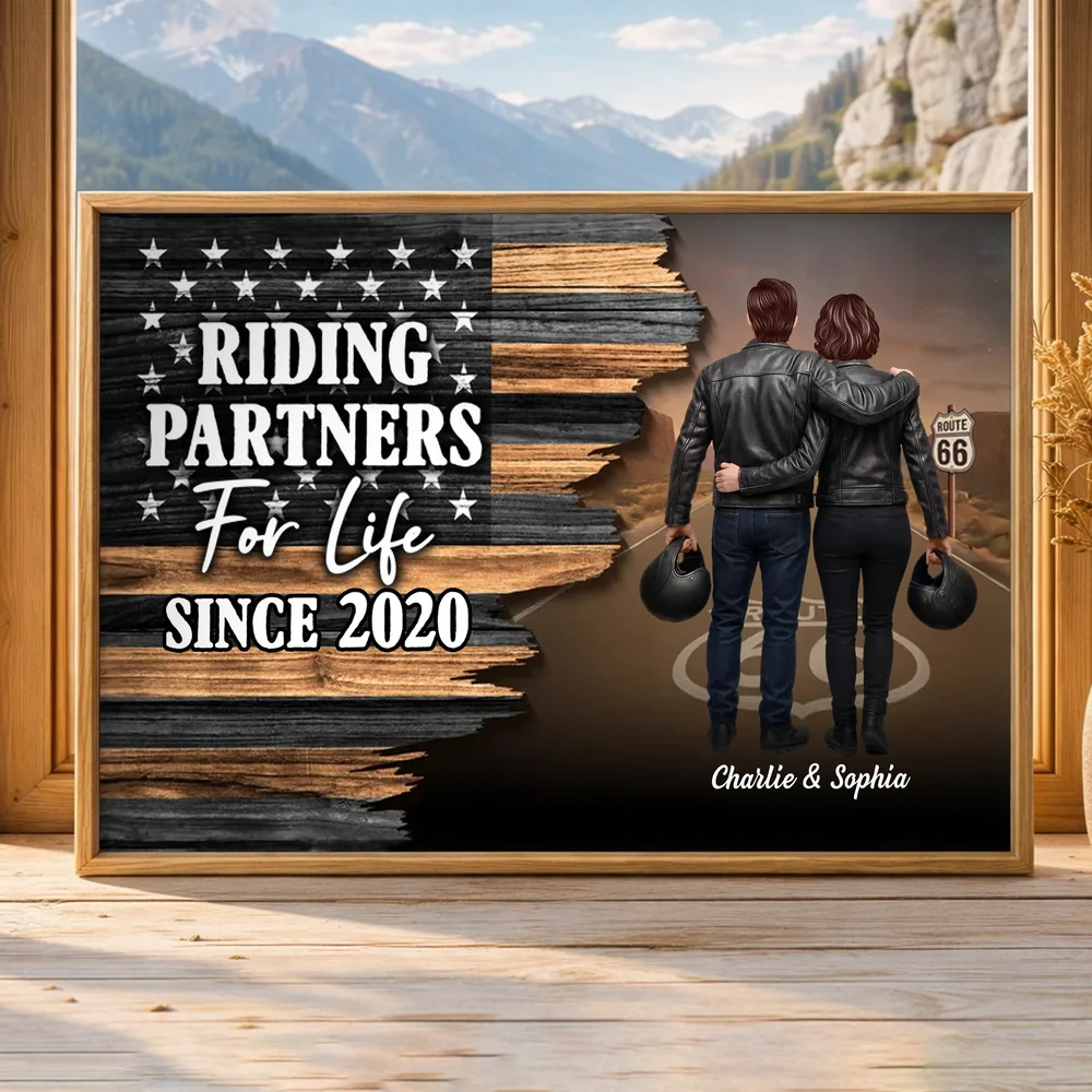 Riding Partners For Life Poster, Personalized Couple Wall Art With Bold Flag Look, Meaningful Gift For Bikers