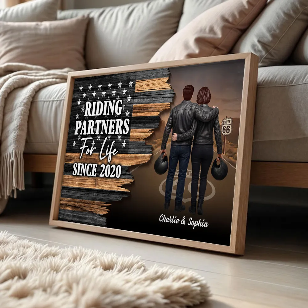 Riding Partners For Life Poster, Personalized Couple Wall Art With Bold Flag Look, Meaningful Gift For Bikers - Image 4