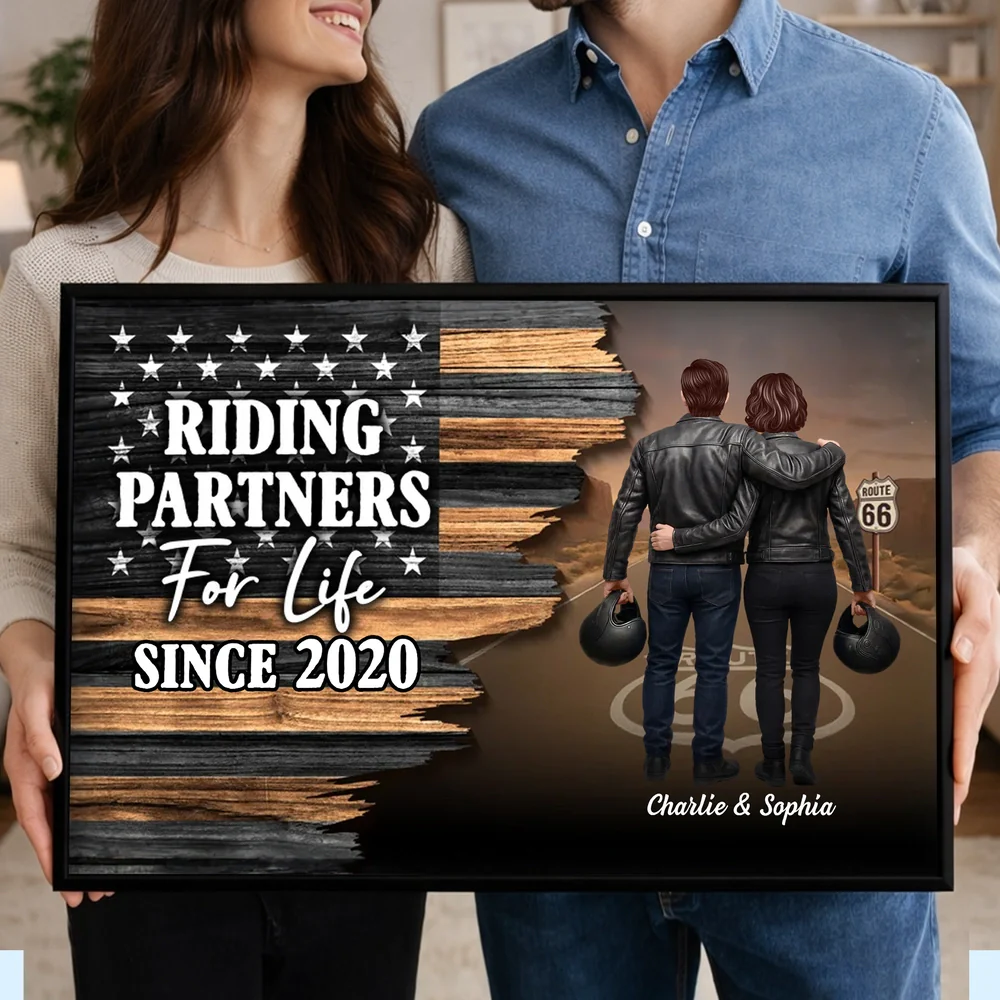 Riding Partners For Life Poster, Personalized Couple Wall Art With Bold Flag Look, Meaningful Gift For Bikers - Image 7