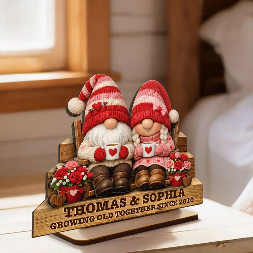 Personalized 2-Layer Wooden Plaque Gnome Couple on Bench with Heart Mugs, Cozy Home Decor, Unique Gift for Couple - Image 2