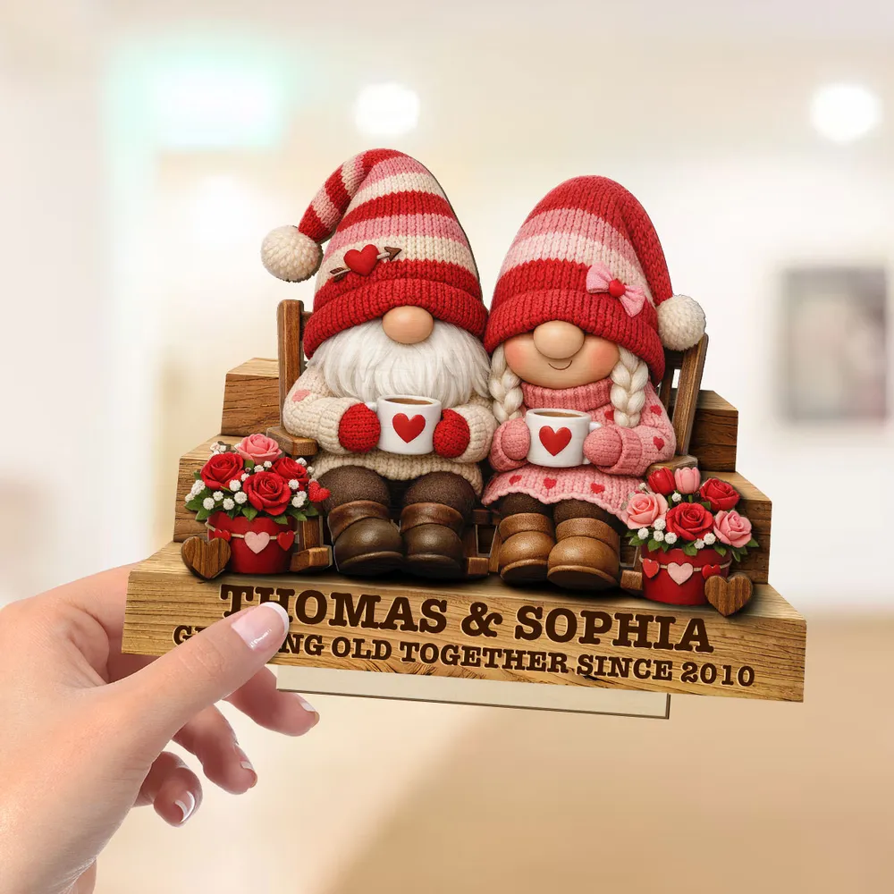 Personalized 2-Layer Wooden Plaque Gnome Couple on Bench with Heart Mugs, Cozy Home Decor, Unique Gift for Couple - Image 5