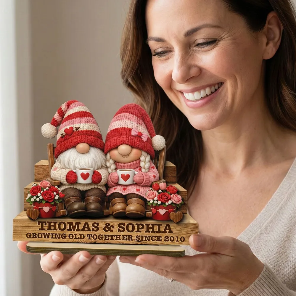 Personalized 2-Layer Wooden Plaque Gnome Couple on Bench with Heart Mugs, Cozy Home Decor, Unique Gift for Couple - Image 6