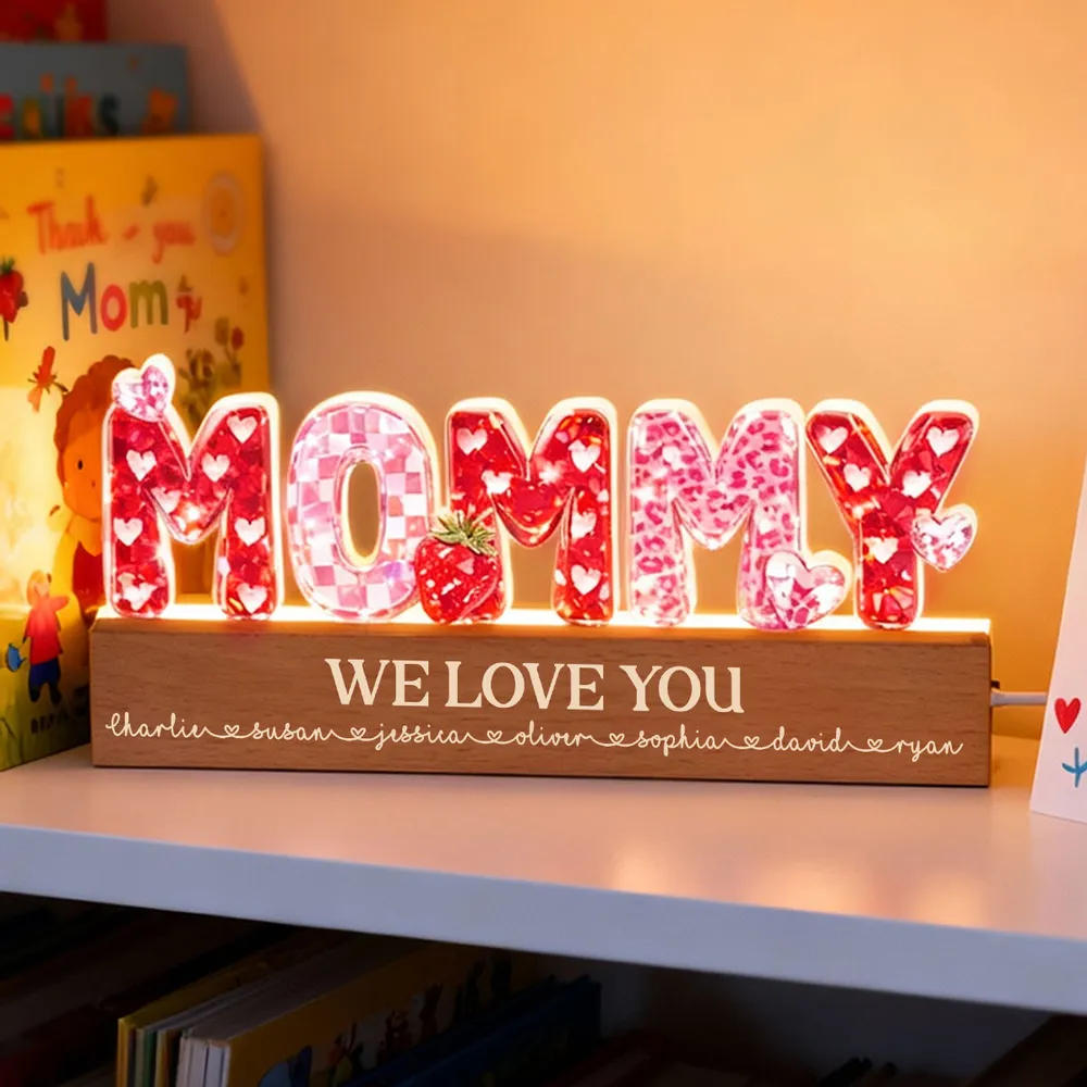 Personalized Shaped Acrylic Block LED Plaque with MOMMY Hearts, Sweet Room Decor, Unique Gift for Mom - Image 2