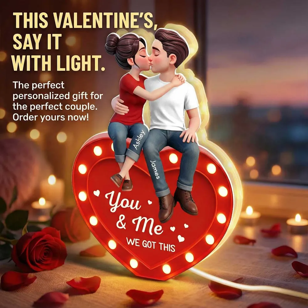 Personalized Acrylic Light Box Kissing Couple on Heart You & Me Warm Glow Bedroom Decor Unique Gift for Couples - Image 7