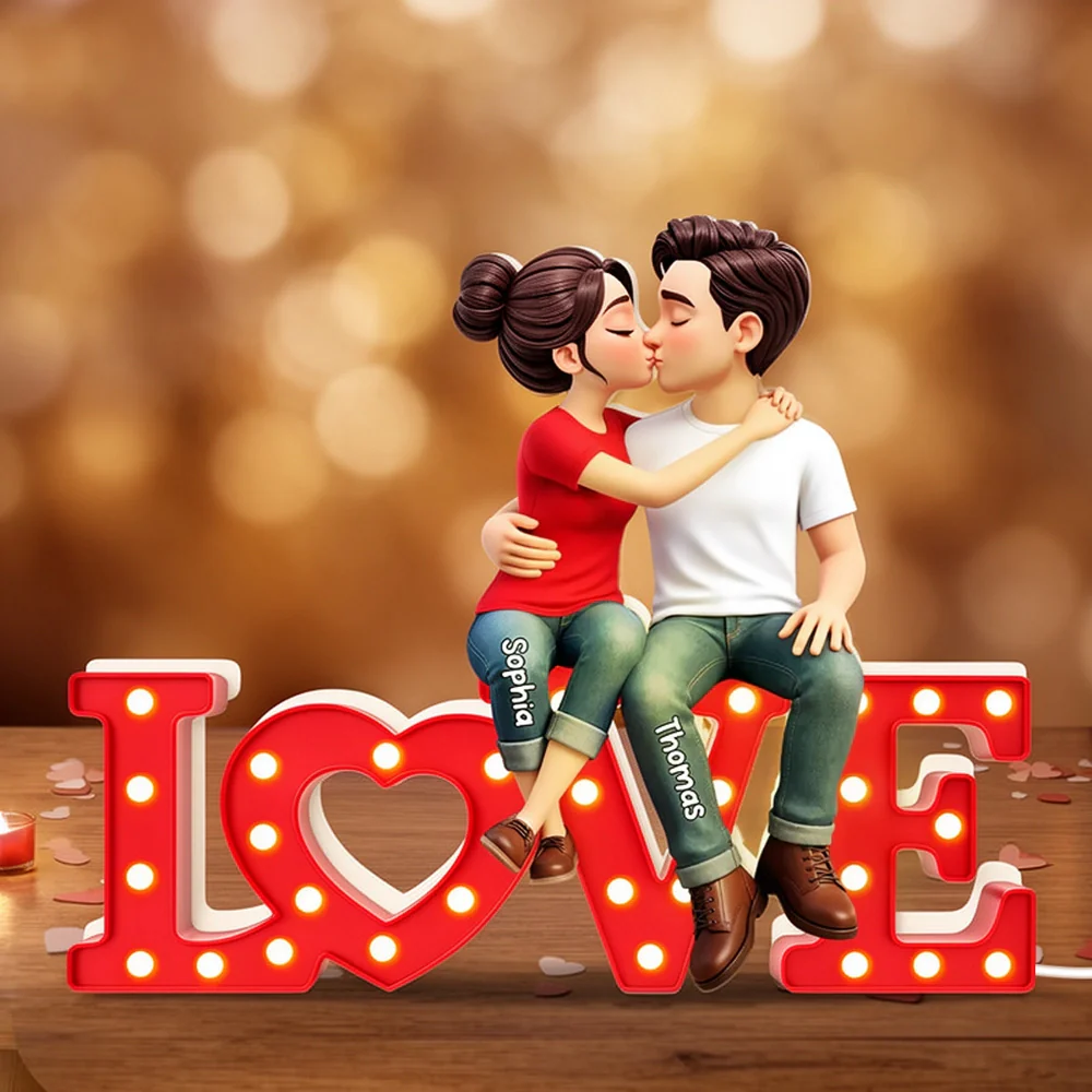 Personalized Acrylic Light Box with Kissing Couple on LOVE Sign, Warm Glow Bedroom Decor, Unique Gift for Him or Her