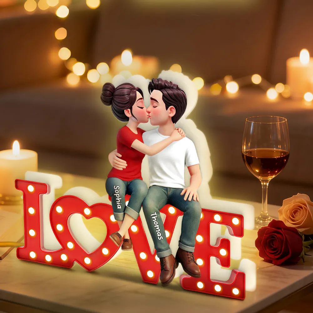 Personalized Acrylic Light Box with Kissing Couple on LOVE Sign, Warm Glow Bedroom Decor, Unique Gift for Him or Her - Image 2