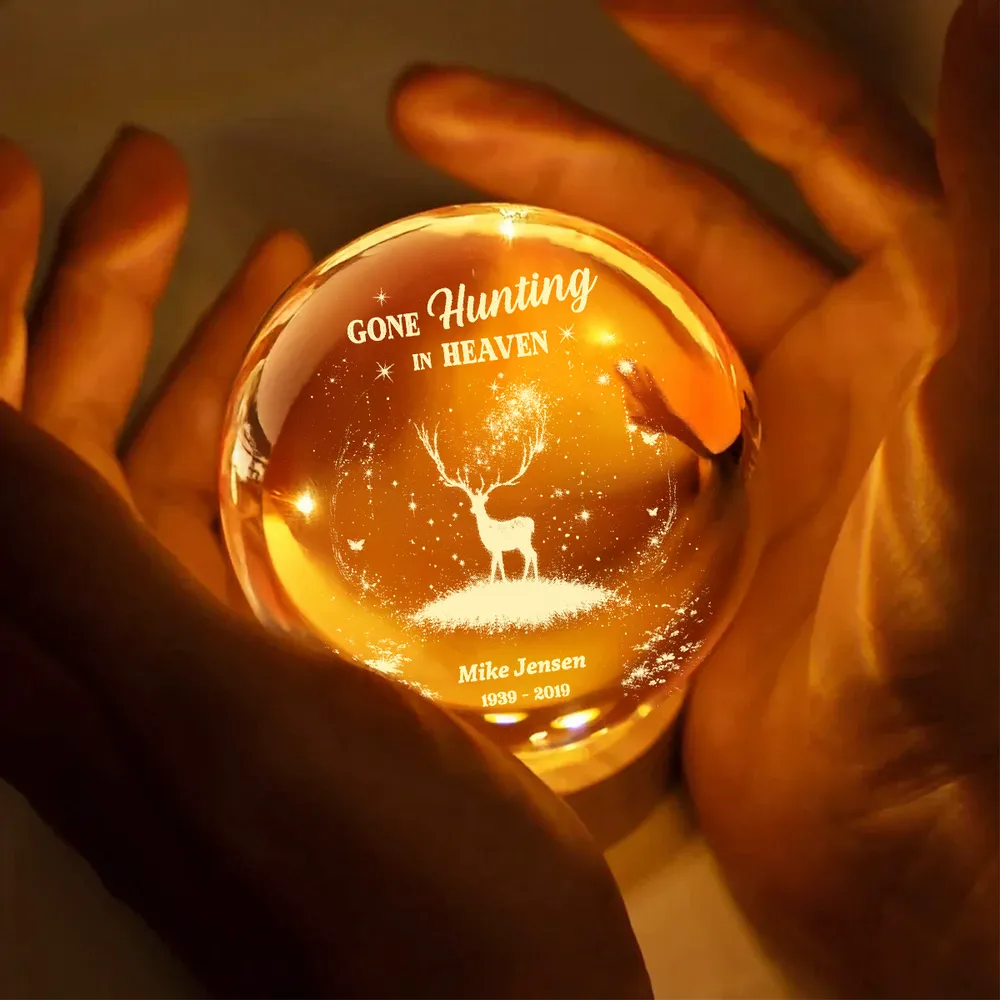 Personalized Crystal Ball LED Night Light Gone Hunting in Heaven Memorial Night Light, Unique Remembrance Gift - Image 2