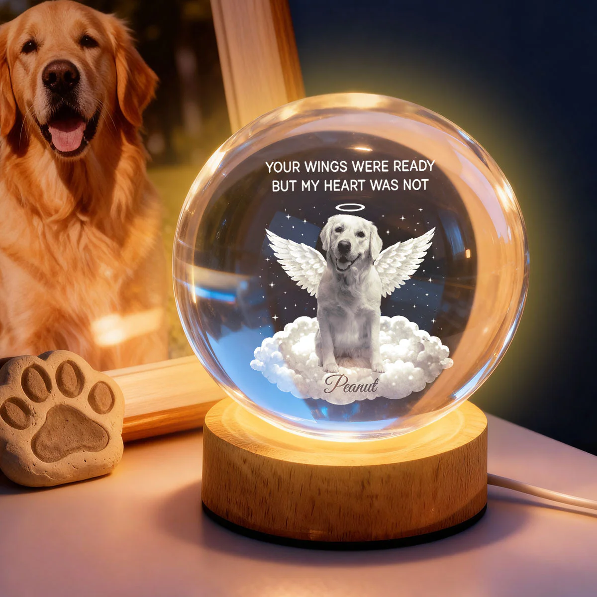 Personalized Crystal Ball LED Night Light Pet Memorial Gift, Angel Wings Quote, Warm Glow Bedside Keepsake - Image 2