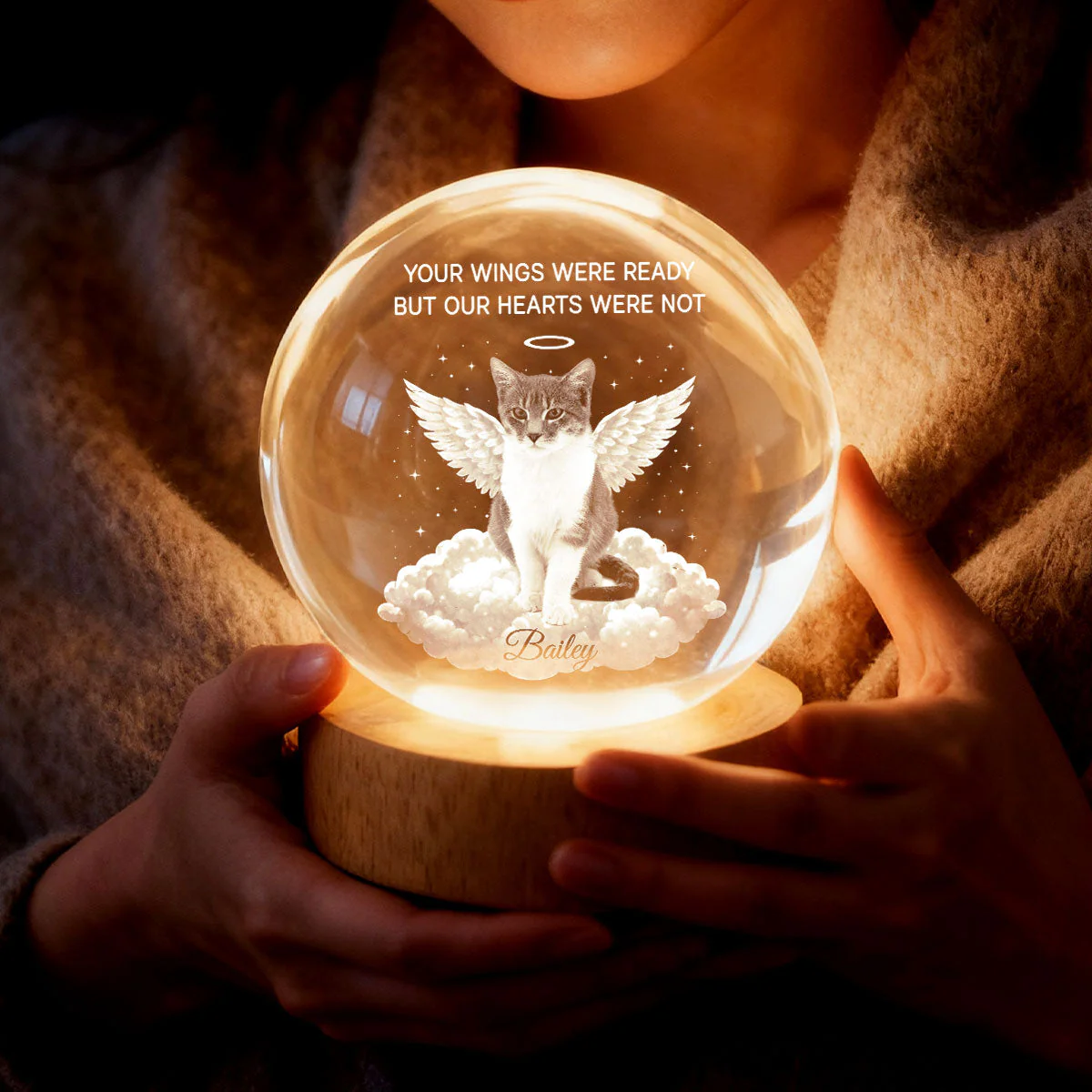 Personalized Crystal Ball LED Night Light Pet Memorial Gift, Angel Wings Quote, Warm Glow Bedside Keepsake - Image 3