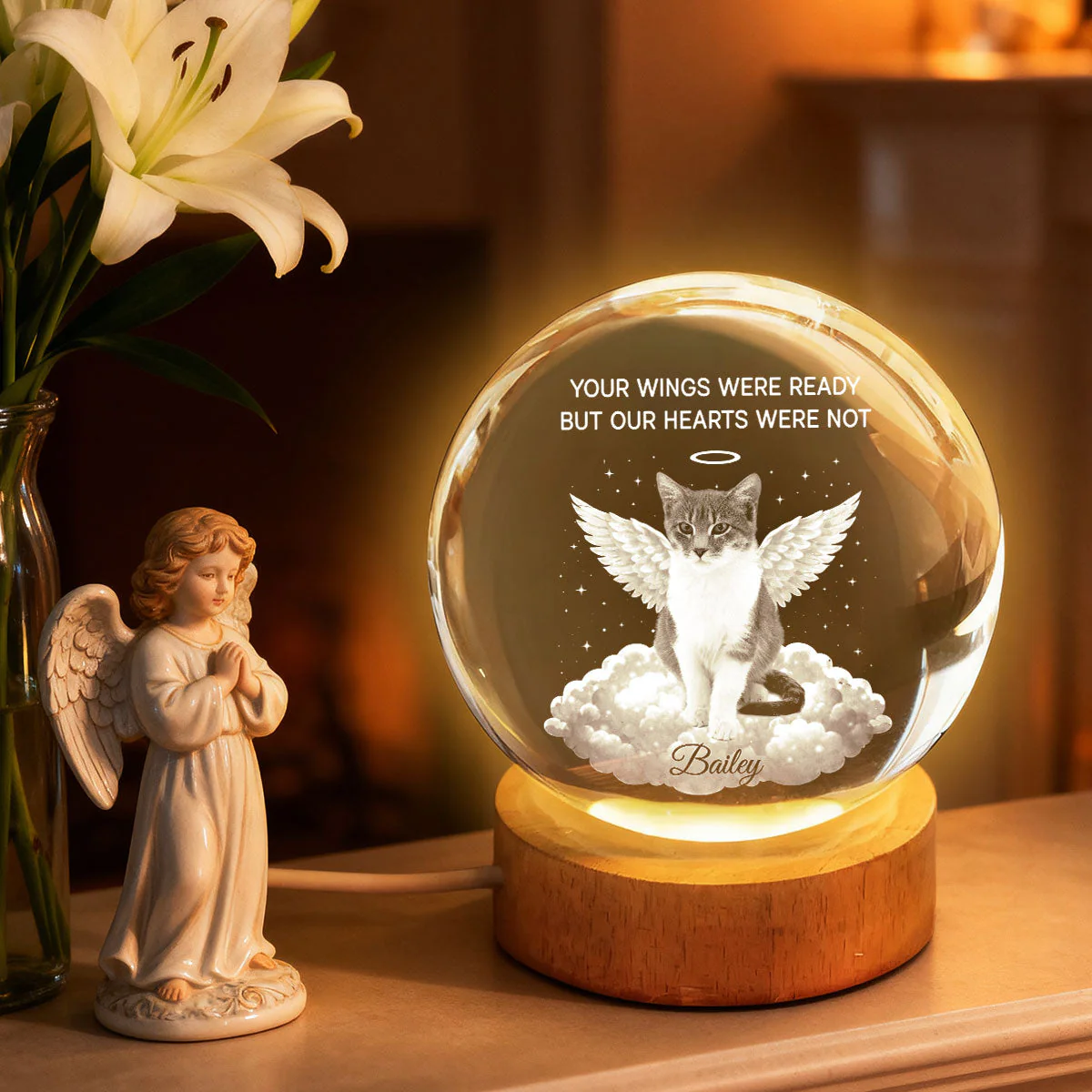 Personalized Crystal Ball LED Night Light Pet Memorial Gift, Angel Wings Quote, Warm Glow Bedside Keepsake - Image 7