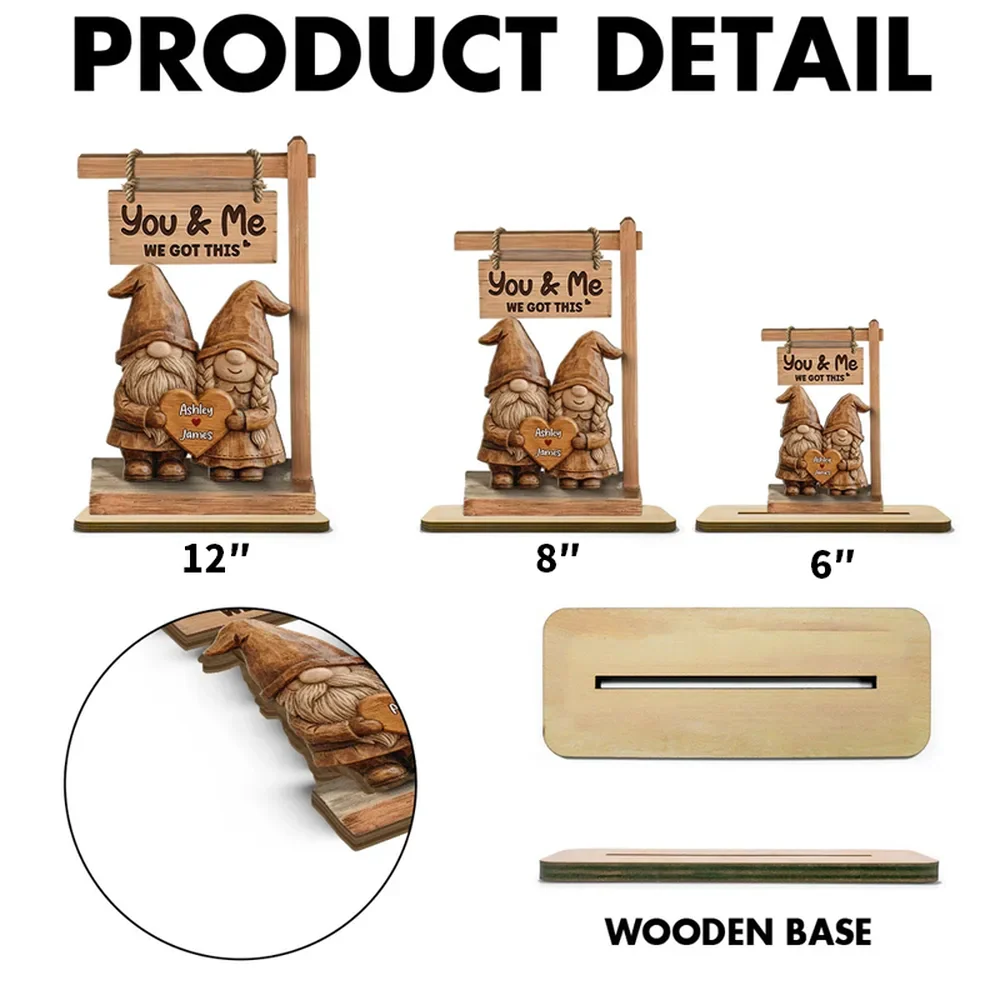 2-Layer Wooden Plaque Personalized Couple Keepsake, Cute Gnome Pair With You & Me We Got This, Sweet Gift - Image 6