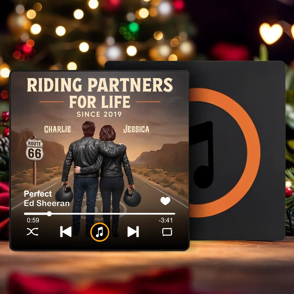 Personalized Acrylic Music Magnet for Couple Riding at Sunset, Route 66 Vibes, Unique Gift for Him or Her