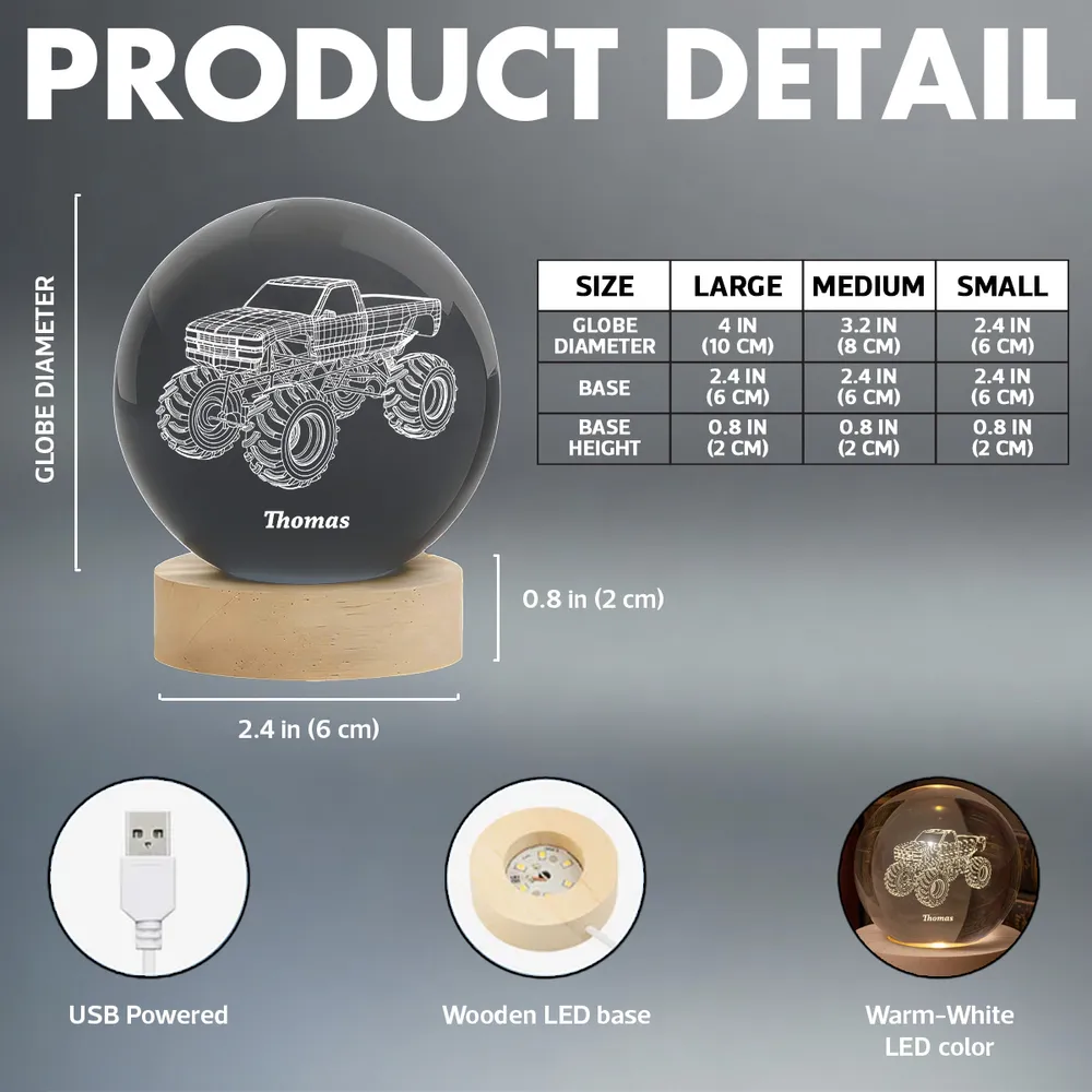 Personalized Crystal Ball LED Night Light – Boy Man Hobby Illusion Art Truck Night Light Desk Decor Unique Creative Gift - Image 5