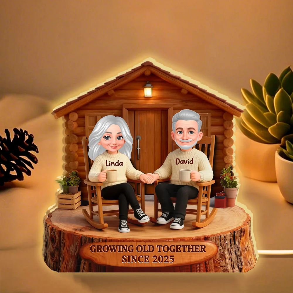 Personalized Acrylic Light Box Cabin Couple Rocking Chairs Warm Glow Keepsake, Unique Gift for Couples