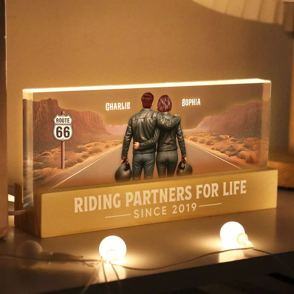 Personalized Block LED Light Plaque with Biker Couple Back View on Route 66, Warm Glow Bedroom Decor, Unique Gift for Couple - Image 2