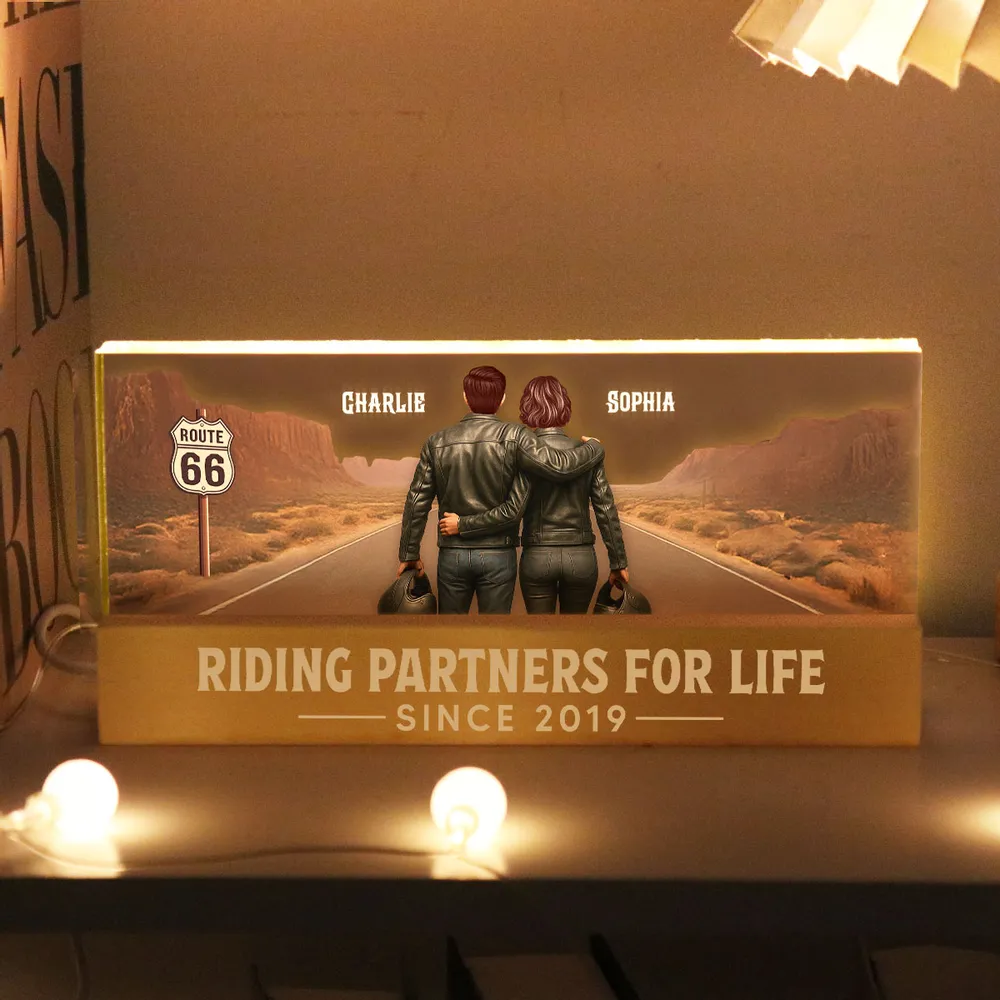 Personalized Block LED Light Plaque with Biker Couple Back View on Route 66, Warm Glow Bedroom Decor, Unique Gift for Couple - Image 3